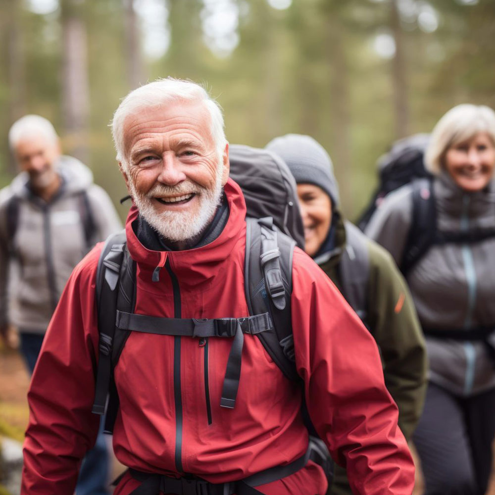 A smiling man wearing a red jacket and black backpack hiking with two women and a man